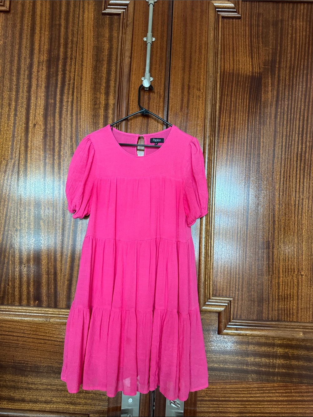Pappillon Bright Pink Tiered Puff-Sleeve Dress
